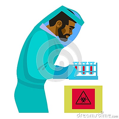 Scientist working with bio hazardous substances. Man in biological protective suit holding test tubes. Virologist in the Vector Illustration