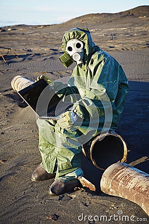 Scientist working with computer - infected area Stock Photo