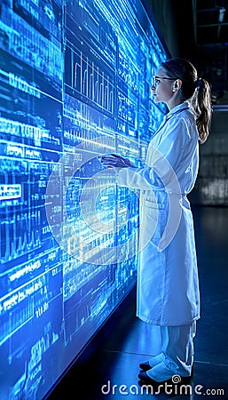 Scientist Working with Interactive Touchscreen Display for Data Analysis, Research, and Development. Stock Photo