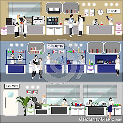 Scientist working in laboratory vector illustration. Science lab interior. Biology, Physics and Chemistry education Vector Illustration