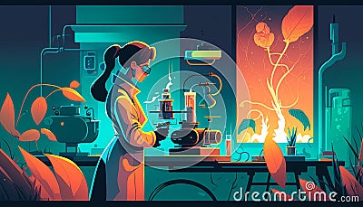 Scientist working on a virus in a secret laboratory. Generative AI. Cartoon Illustration