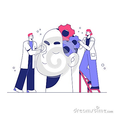 Scientists Adjusting Gears Inside A Robot Head In Flat Vector Illustration Symbolizing AI Development, Creativity, Brain Vector Illustration