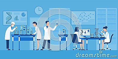 Scientists characters. Chemists in pharmaceutical lab, research with medical equipment. Clinical test with microscope Vector Illustration