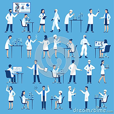 Scientists characters. Doctors group in science hospital laboratory, biological research with test clinical lab Vector Illustration