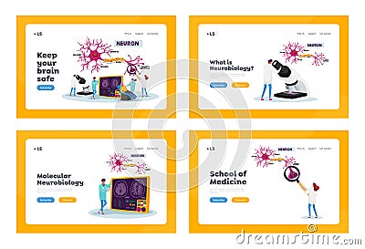 Scientists Characters Learn Human Brain Landing Page Template Set. Neurobiology Laboratory with Scheme Dendrite Cells Vector Illustration