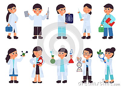 Scientists characters. Research scientist, lab chemistry medical. Laboratory tests, testing water or organic plant Vector Illustration