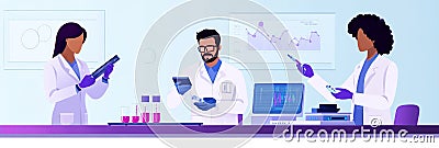 Scientists Collaborating in Laboratory Three scientists work together in a modern lab setting analyzing data and conducting Stock Photo