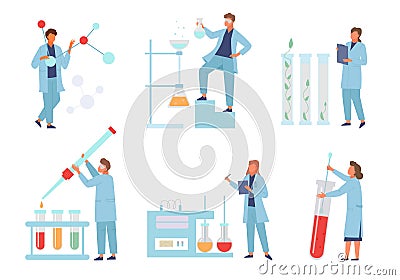 Scientists conduct biochemical experiments laboratory set. Checking molecular structure coronovirus color vaccine Vector Illustration