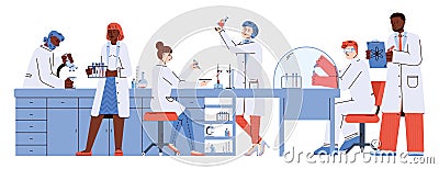 Scientists conduct experiments in laboratory, flat vector illustration isolated. Cartoon Illustration