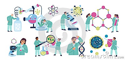 Scientists conducting laboratory tests. Chemist experiment. Biologists and physicists characters. Molecules research Vector Illustration