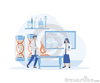 Scientists conducting scientific research, analysis and tests of vaccines. Vector Illustration