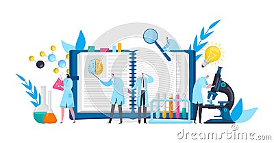 Scientists in discovery lab with book, microscope, experimental science flat vector illustration. Laboratory equipment Vector Illustration
