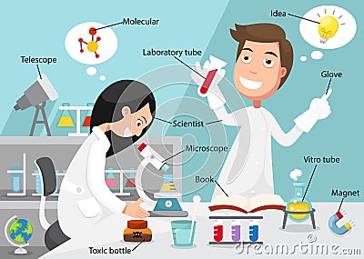 Scientists doing experiment surrounded by lab equipment Vector Illustration