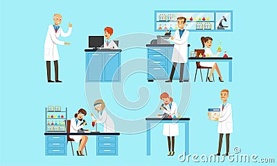 Scientists Doing Experiments in Medical Laboratory Set, Male and Female Chemists Characters Researching in Chemical Lab Vector Illustration
