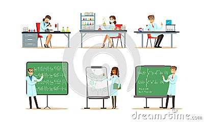 Scientists Doing Researches and Calculations in the Laboratory Vector Illustrations Set Vector Illustration