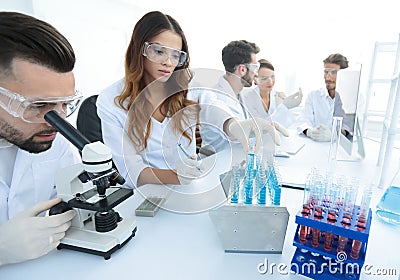 Scientists examining in the lab with test tubes. Stock Photo