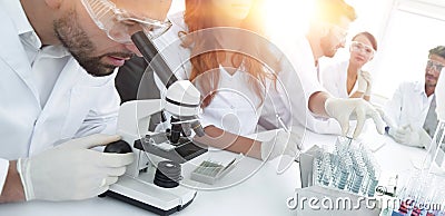 Scientists examining in the lab with test tubes. Stock Photo