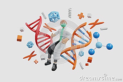 Scientists are experimenting with chemicals. Science elements atomic bottle DNA molecule plat of bacteria Cartoon Illustration