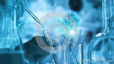 Scientists are experimenting and research with molecule model, DNA, Science background with molecules and atoms in the laboratory Stock Photo