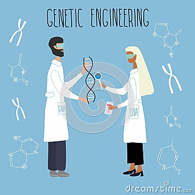 Scientists exploring DNA structure, chromosomes, nucleotides, test tubes, loupe. Vector Illustration