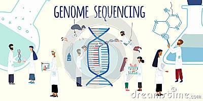 Scientists exploring, working by human genome project. CRISPR- Cas9. Genome sequencing, research, genetic engineering concept. Big Vector Illustration