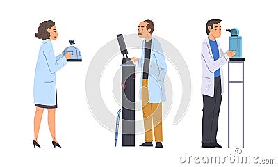 Scientists in lab. Physicists in white coats doing scientific experiment with laboratory equipment cartoon vector Vector Illustration