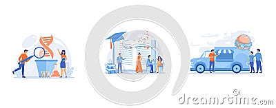 Scientists with magnifier looking at huge DNA in the pot, Tiny people high school students in dresses and suits chatting at Vector Illustration