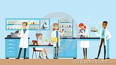 Scientists man and woman conducting research in a lab, interior of science laboratory, vector Illustration Vector Illustration