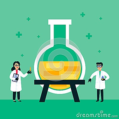 Scientists men and woman working at science lab. small people and a giant test tube on a green background. Scientific Vector Illustration