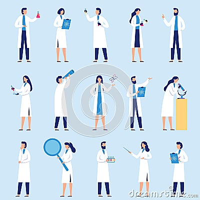 Scientists people. Science lab worker, chemical researchers and scientist professor character flat vector set Vector Illustration