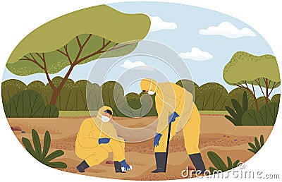 Scientists in protective clothes conduct ecological experiment, take samples in forest or park Vector Illustration