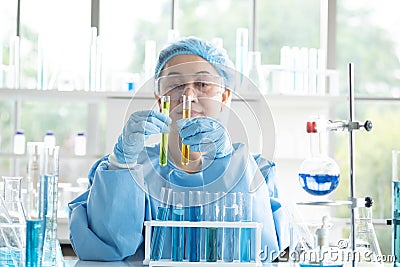 Scientists research, analyze chemical formulas, biological test results Stock Photo
