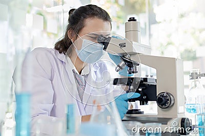 Scientists or researchers perform microscopic endoscopy to examine changes in the chemical reactions and degradation of cells Stock Photo