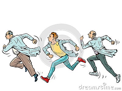scientists run, scientific research. Doctors in white coats. Sports and health, anxiety and speed Vector Illustration