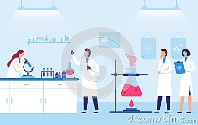 Scientists team work in laboratory with equipments Vector Illustration