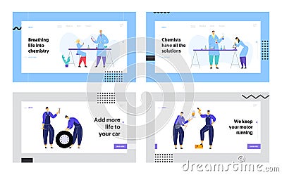 Scientists Wearing Lab Coats Conducting Experiments, Website Landing Page Set, Mechanics, Repair Service Staff Vector Illustration