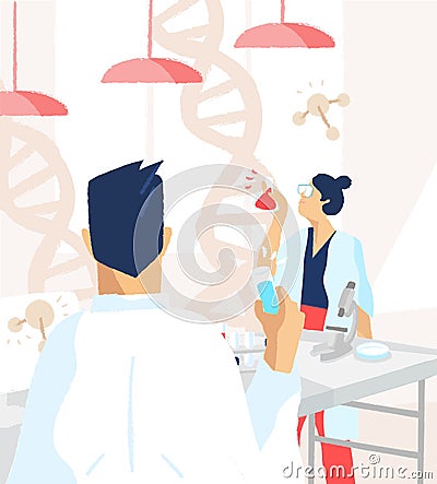 Scientists wearing white coats conducting experiments and scientific research in science or medical laboratory. DNA Vector Illustration