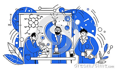Scientists work in the laboratory. People in medical coats, chemical experts with laboratory equipment. Vector Vector Illustration