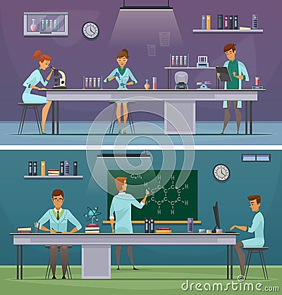 Scientists At Work Retro Cartoon Banners Vector Illustration