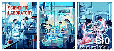 Scientists working in laboratory, medical research, biotechnology. Vector Illustration