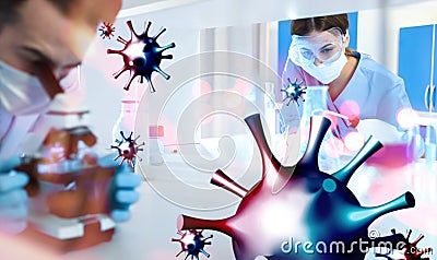 Scientists working in laboratory. Researching of coronavirus Stock Photo