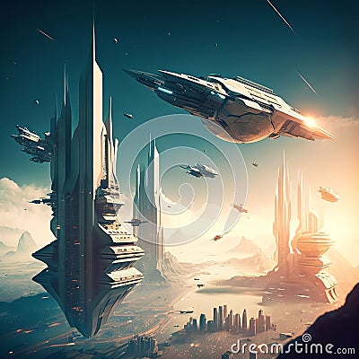 Scifi Futuristic City with Spaceship Fleet Stock Photo