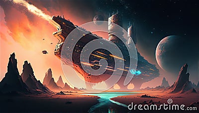 Scifi Panorama of an Alien Planet with a Huge Spaceship became a Building with Moons and stars - generated by AI Stock Photo