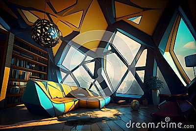 Scifi room interior designs, Cyber Scifi futuristic inside house beautiful shape, Ai generative Stock Photo