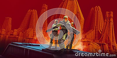 Scifi space marines with weapons stand in front of a futuristic cityscape. Stock Photo