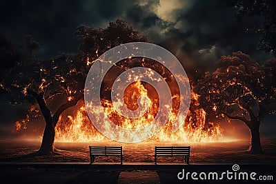 Scifi Style Fire Engulfs Park, Benches In Flames Stock Photo