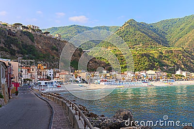 View of Scilla beach, a little fishermen village with beautiful water and mountains surrounding the town in Calabria Italy Editorial Stock Photo