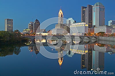 Scioto River and Columbus Ohio skyline at dusk Editorial Stock Photo