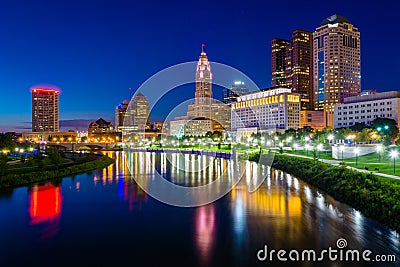The Scioto River and Columbus skyline at night, in Columbus, Ohio Editorial Stock Photo