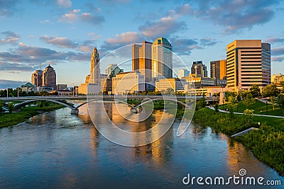 The Scioto River and Columbus skyline at sunset, in Columbus, Ohio Editorial Stock Photo